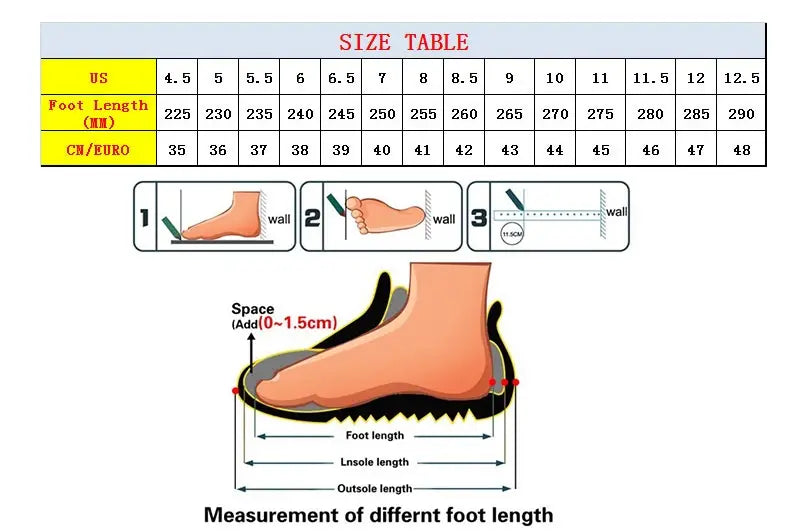 Größentabelle für Herren-Atmungsaktive legere Strick-Sneaker mit Angabe der Schuhgrößen in US, cm und Euro sowie Diagrammen zur genauen Messung der Fußlänge.