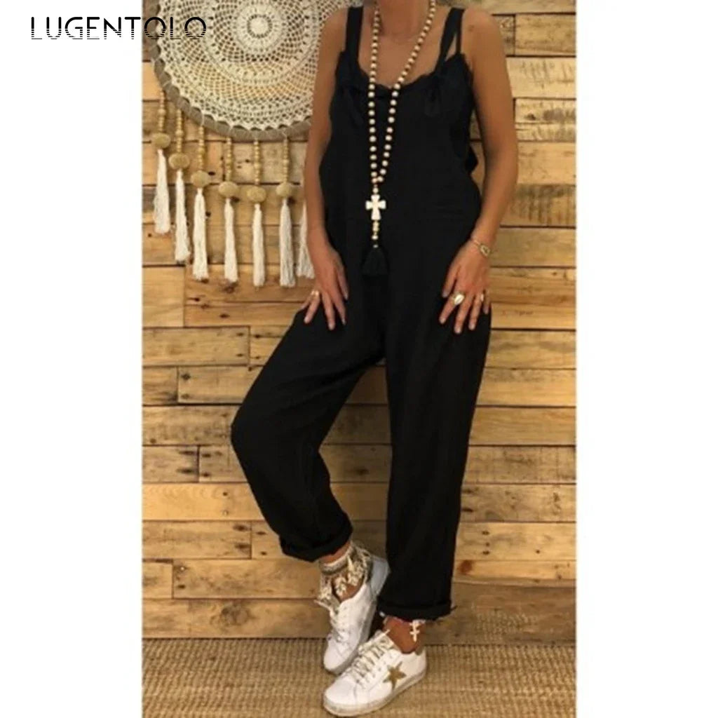 Women Fashion Suspenders Jumpsuits Large Size Casual Overalls Solid Summer Thin New Sleeveless Loose Street Rompers Lugentolo