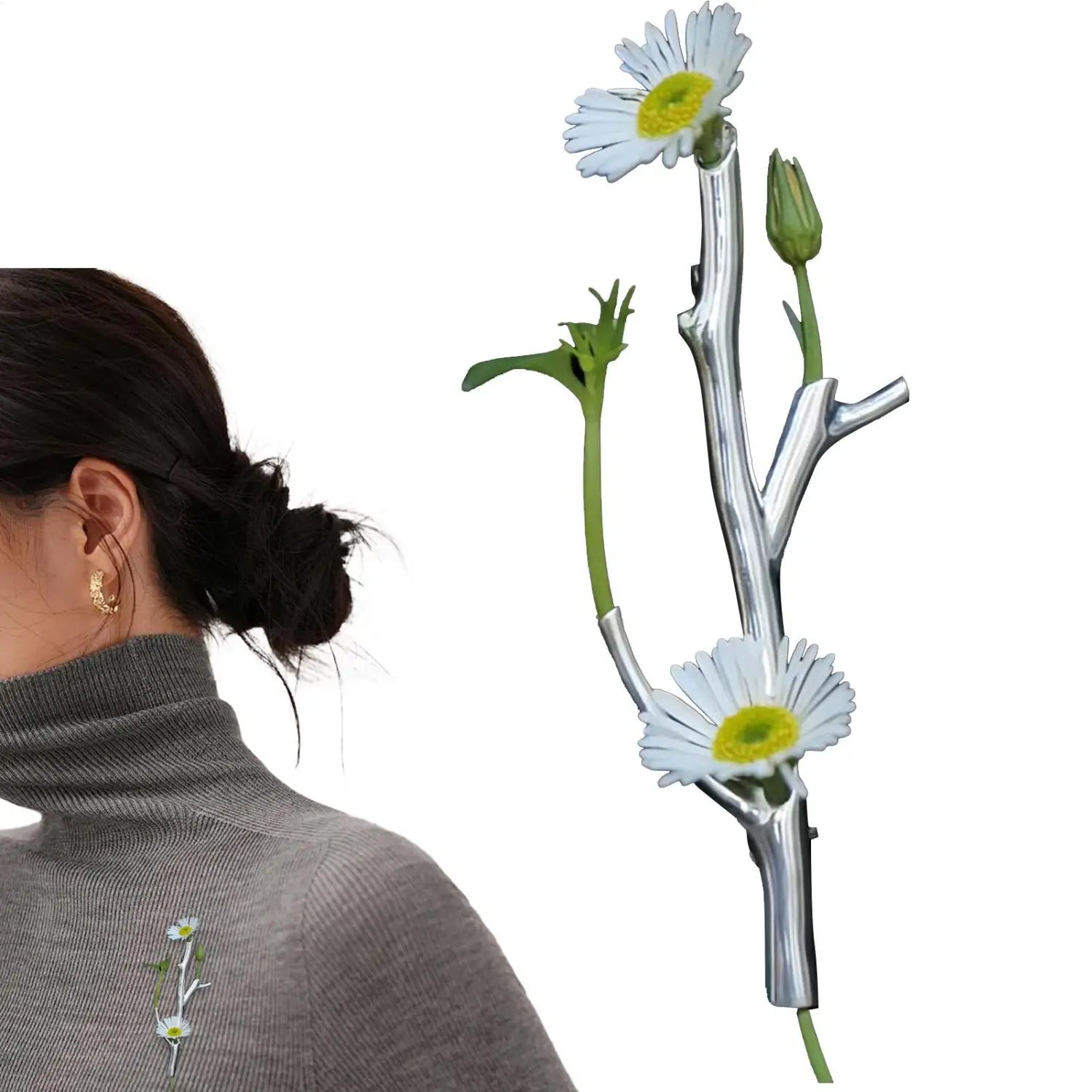 Silver tree branch brooch pin featuring delicate silver daisy flowers with white petals and yellow centers designed as a fashion corsage accessory.