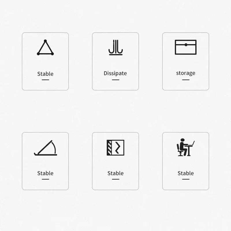 minimalistische schwarze Linien-Icons auf hellem grauem Hintergrund, jeweils in einem gerundeten Quadratrahmen eingeschlossen, mit Textbeschriftungen, die die Funktionen eines Laptopständers mit Wärmeableitung zur verbesserten Kühlung und ergonomischen Nutzung veranschaulichen.