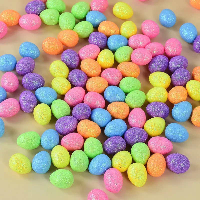 A collection of colorful glitter Easter foam eggs in vibrant shades of pink blue green yellow orange and purple for DIY party decor 80 pieces.