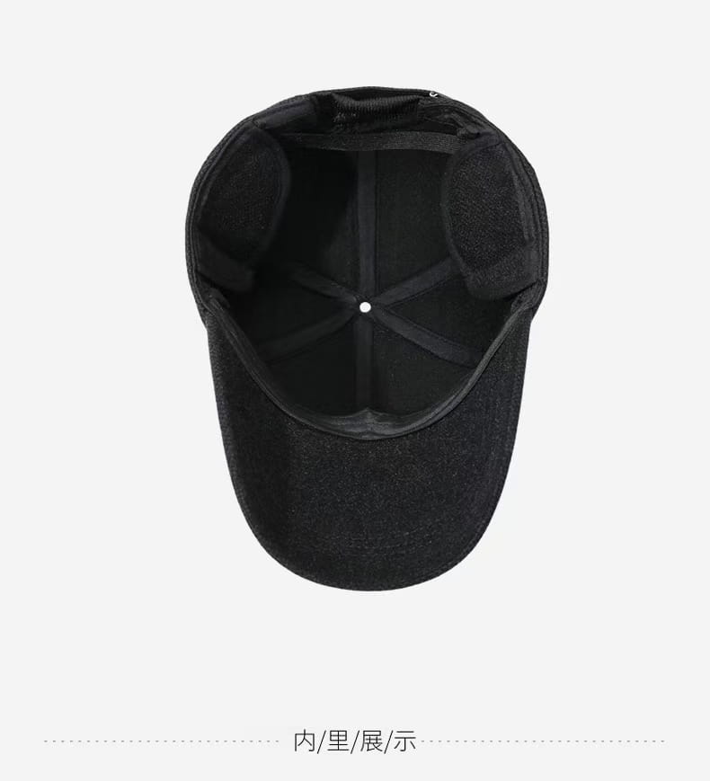 Casquette de baseball d’hiver pour homme à rabats d’oreilles en laine texturée noire, avec parement légèrement incurvé structuré et intérieur en laine rembourré pour la chaleur.