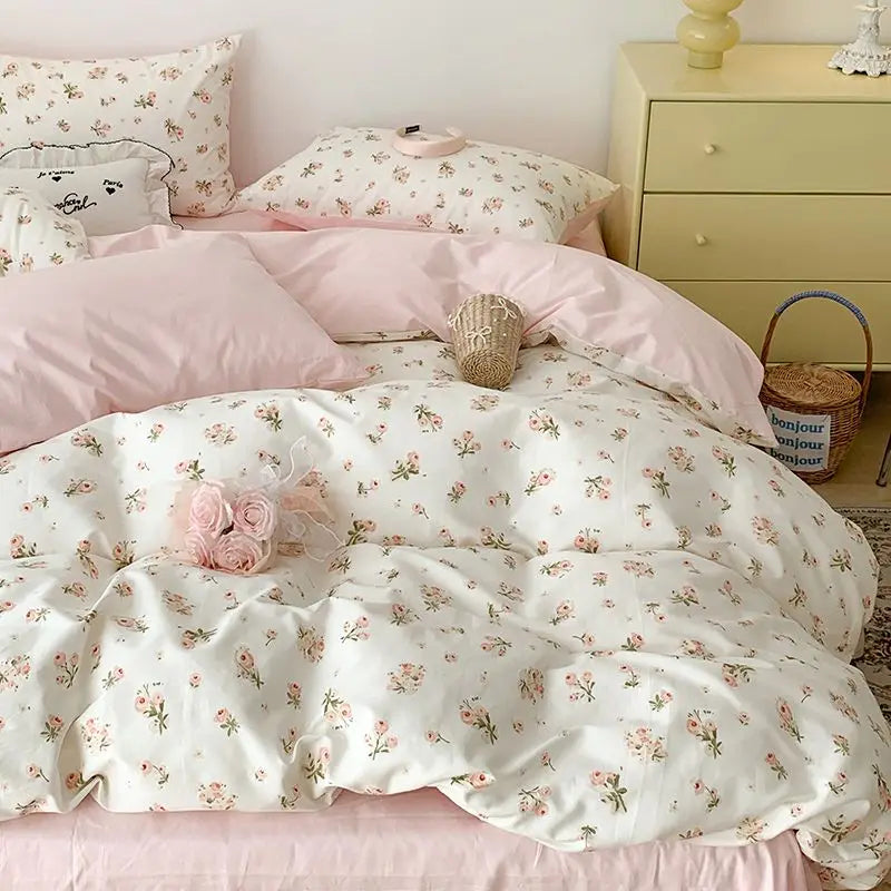 Ins Style Pink Flower Printed Bedding Set Soft Skin-friendly Duvet Cover Set Reactive Dyeing Bed Linens for Girls Bedroom