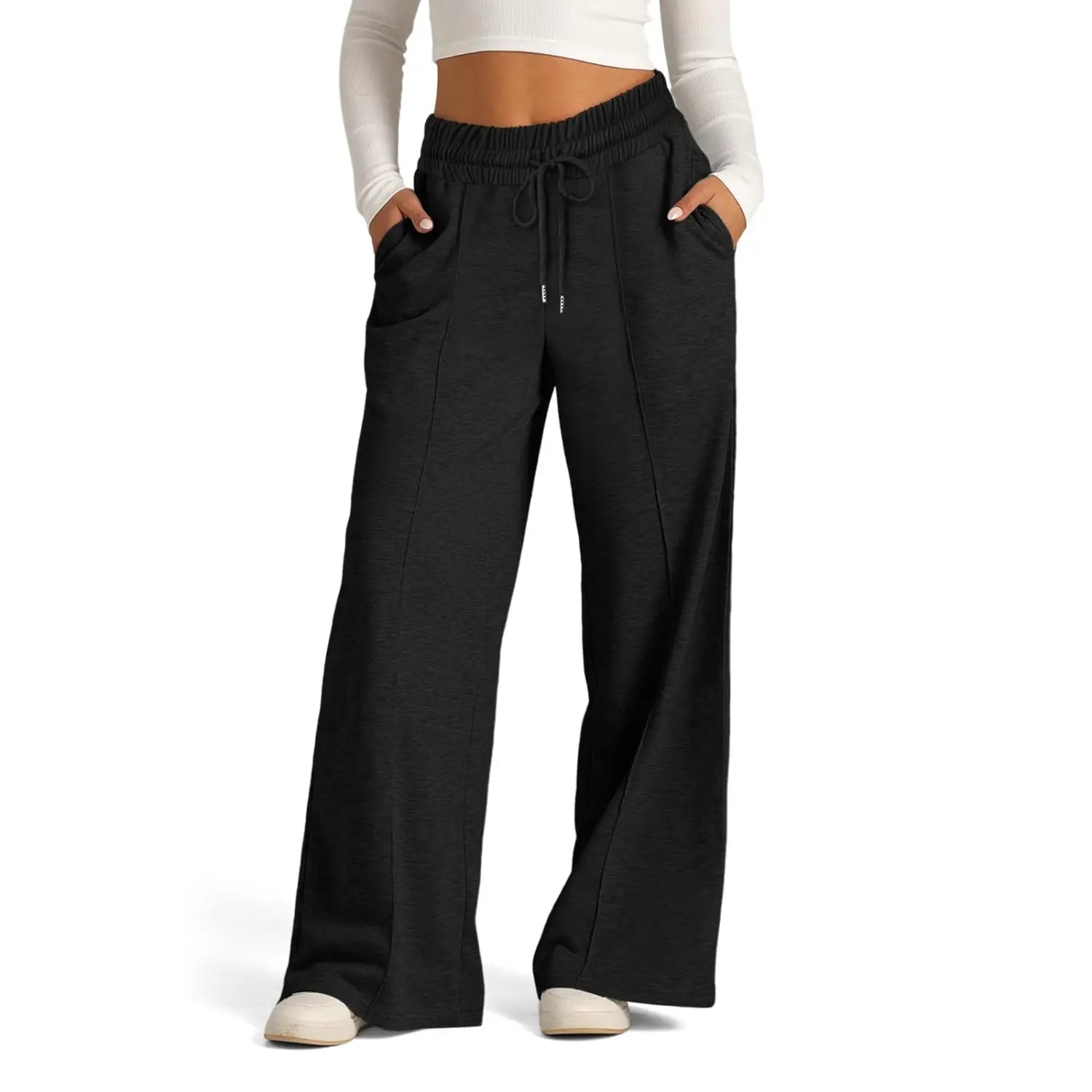 Women’s wide leg fleece lined sweatpants in black featuring an elastic waistband with drawstring and side pockets, showcasing a solid pattern type.