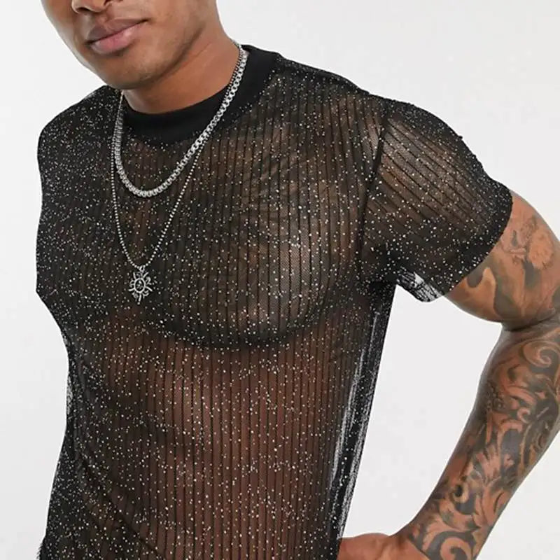 Mesh T-shirts Men Sexy Tops O Neck See-through Pullovers Shiny Short Sleeves T-shirts Men Undershirt Chic Breathable Streetwear