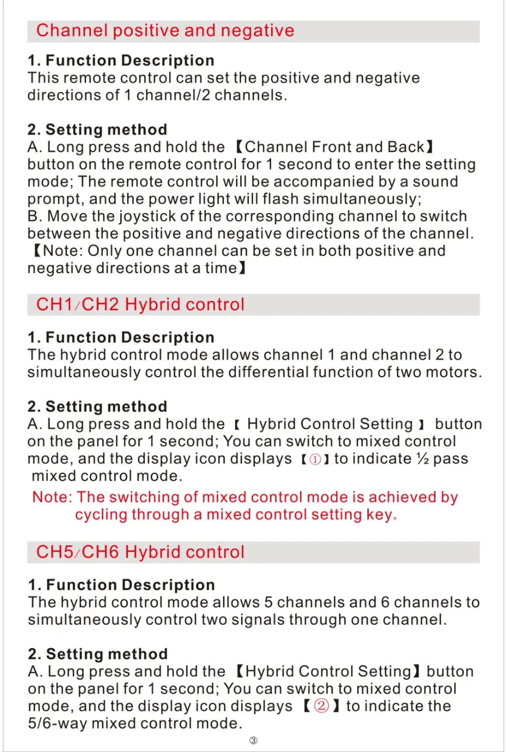 Este es un control remoto negro ct-6a para coche y barco, con texto blanco, encabezados rojos y botones para ajustes de canal y modos de control híbrido.