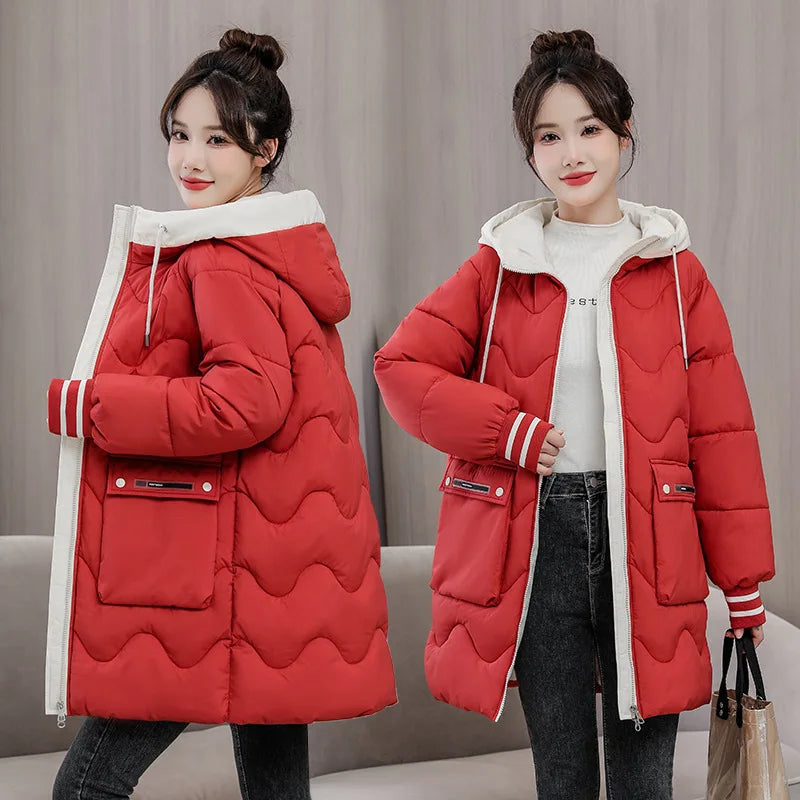 Winter Thicken Hooded Cotton Padded Jacket Women Fashion Contrast Color Mid-length Warm Coats Ladies Loose Big Pockets Outerwear