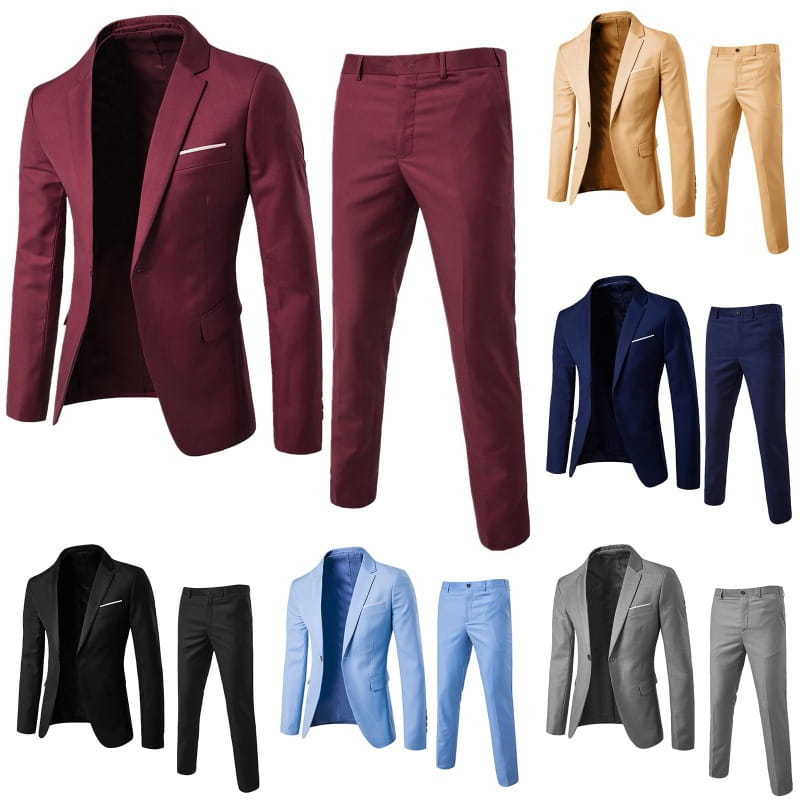 A maroon slim fit two piece suit for men featuring a sleek tailored blazer and matching trousers suitable for formal dress.