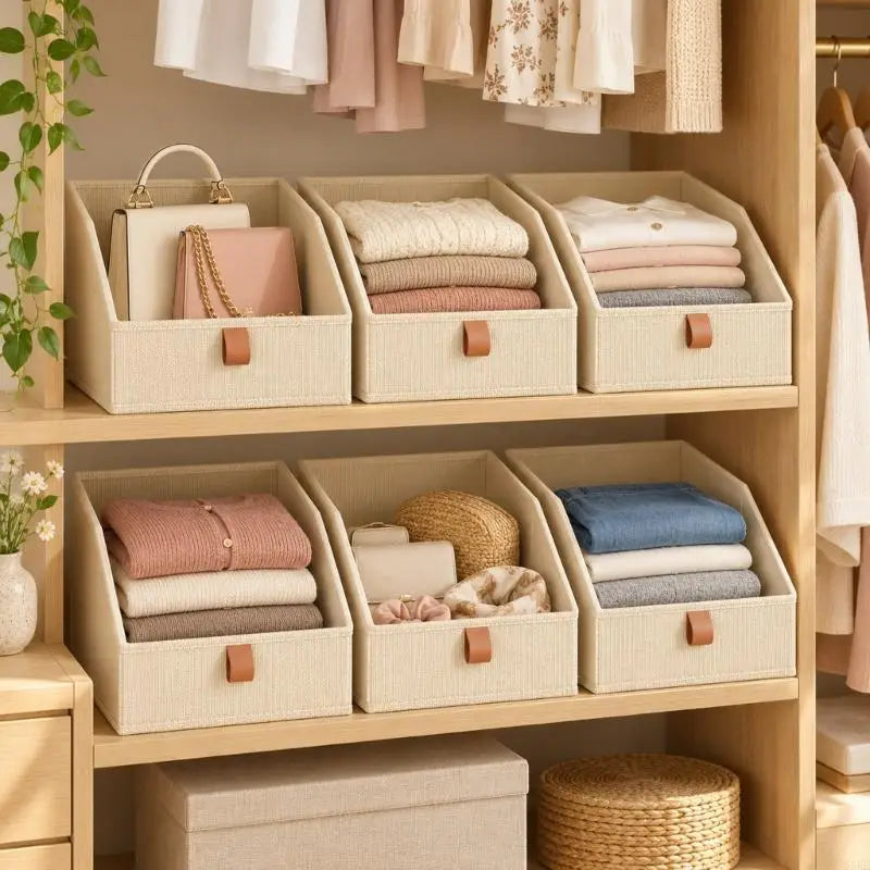 Beige woven fabric storage baskets with tan leather pull tabs designed for closet shelves package includes six fabric closet bins.