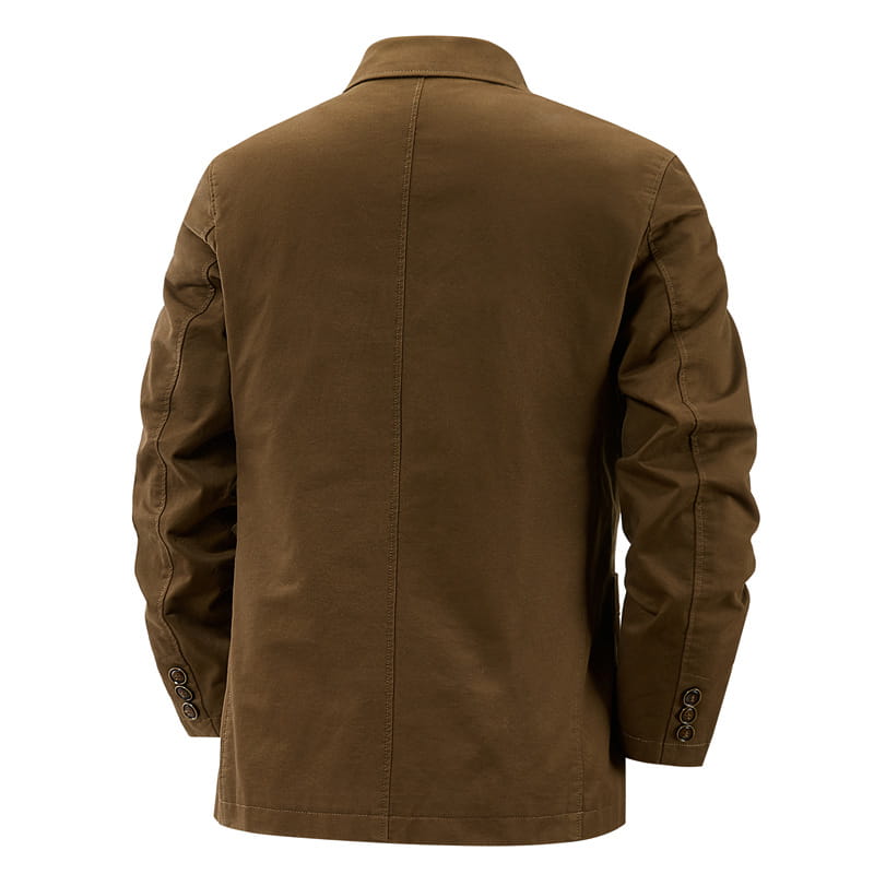 Men brown cotton casual blazer slim fit suit jacket with a classic collar and three-button cuffs.
