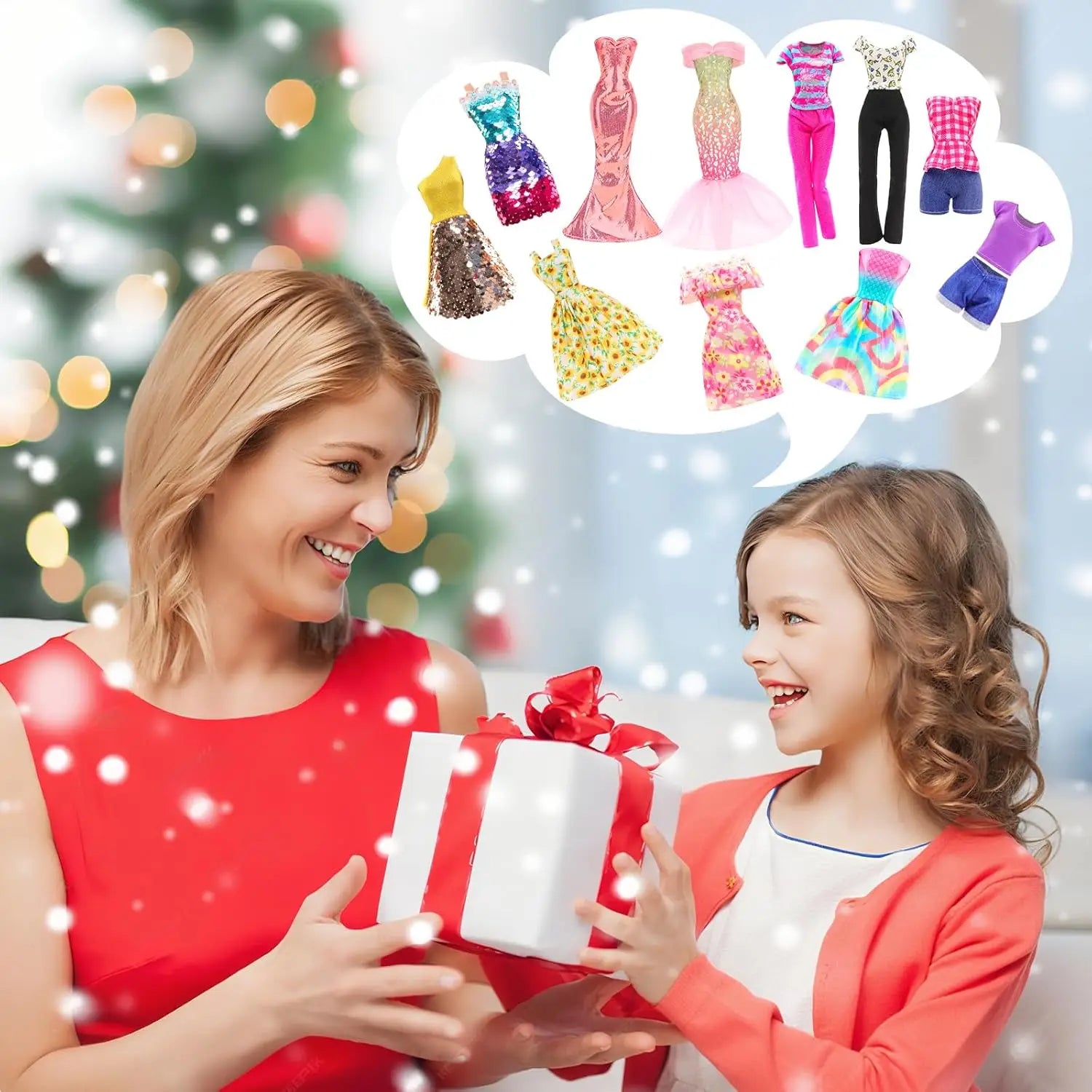 A festive white gift box with a vibrant red ribbon bow containing a doll clothes and accessories set 50 pcs.