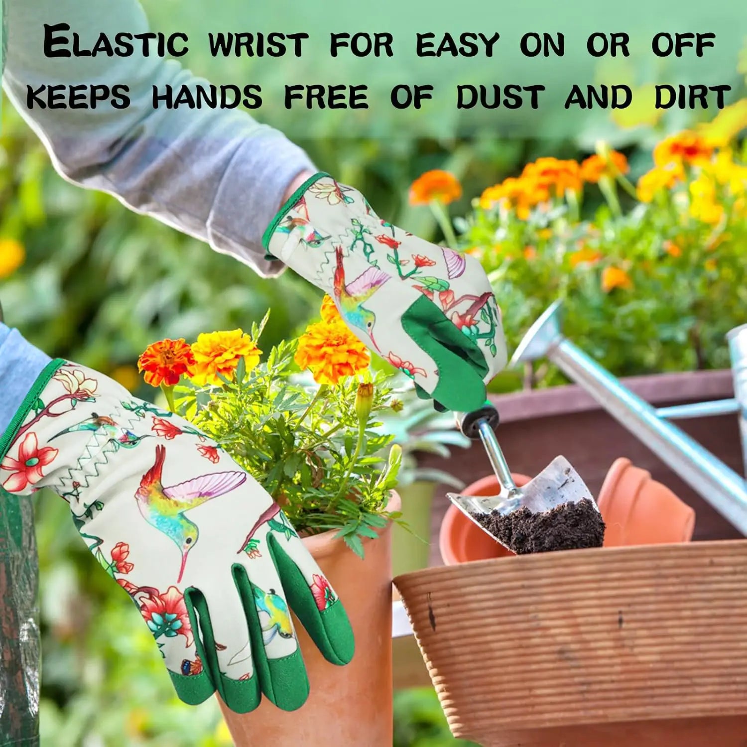 Beige floral touchscreen gardening gloves for women featuring colorful hummingbird and floral patterns with green reinforced fingertips and wrist elastic shown from the back side.