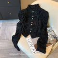 Woman Blouses Shirts & Blouses Lace Crocheted Bubble Sleeve Shirt Women's Spring Plus Velvet Padded  Semi-high Collar Blouse