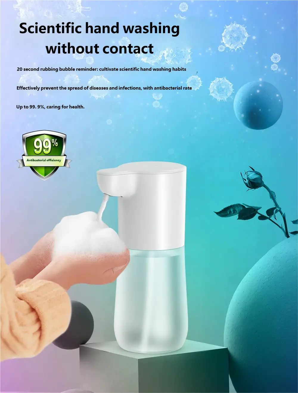 white sleek modern automatic soap dispenser 350ml with transparent lower section dispensing frothy white hand soap foam bubble generation