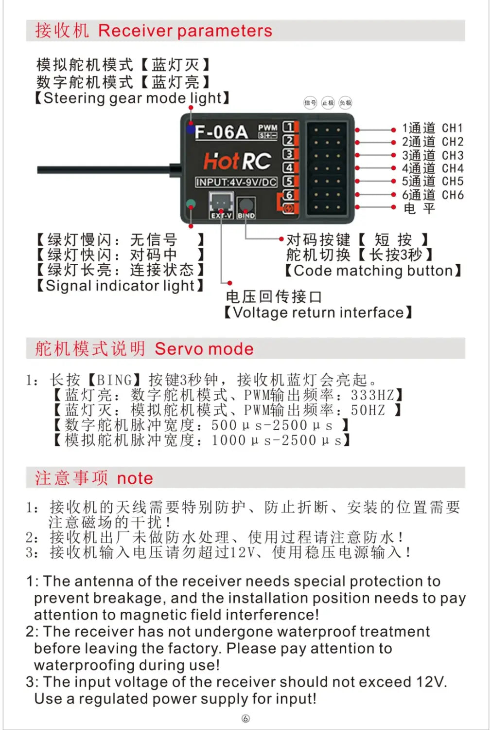 Receptor negro f-06a PWM con etiquetado rojo y blanco, seis salidas de canal e interfaz de retorno de voltaje para el control remoto ct-6a utilizado en aplicaciones de coche y barco.