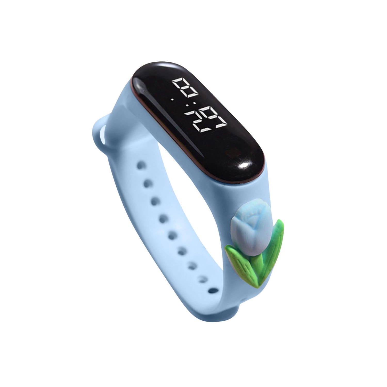 Light blue kids silicone digital watch with a black display showing 07:21 and a small tulip-shaped charm designed with life waterproof silicone material.
