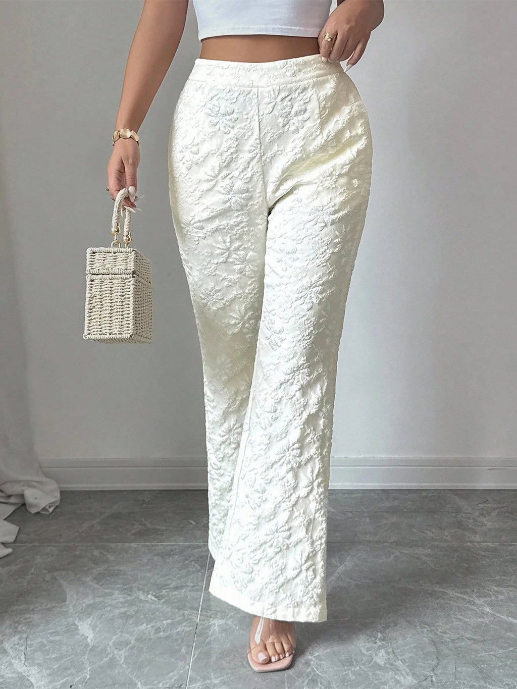 Women Wide Leg Pants Elegant Jacquard High Waisted Pants Elastic Loose Solid Color Casual Pants, for Daily Holiday Street Wear