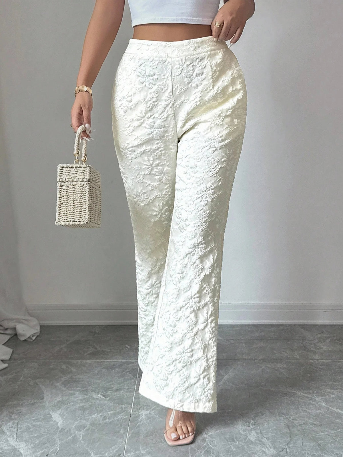 Women Wide Leg Pants Elegant Jacquard High Waisted Pants Elastic Loose Solid Color Casual Pants, for Daily Holiday Street Wear