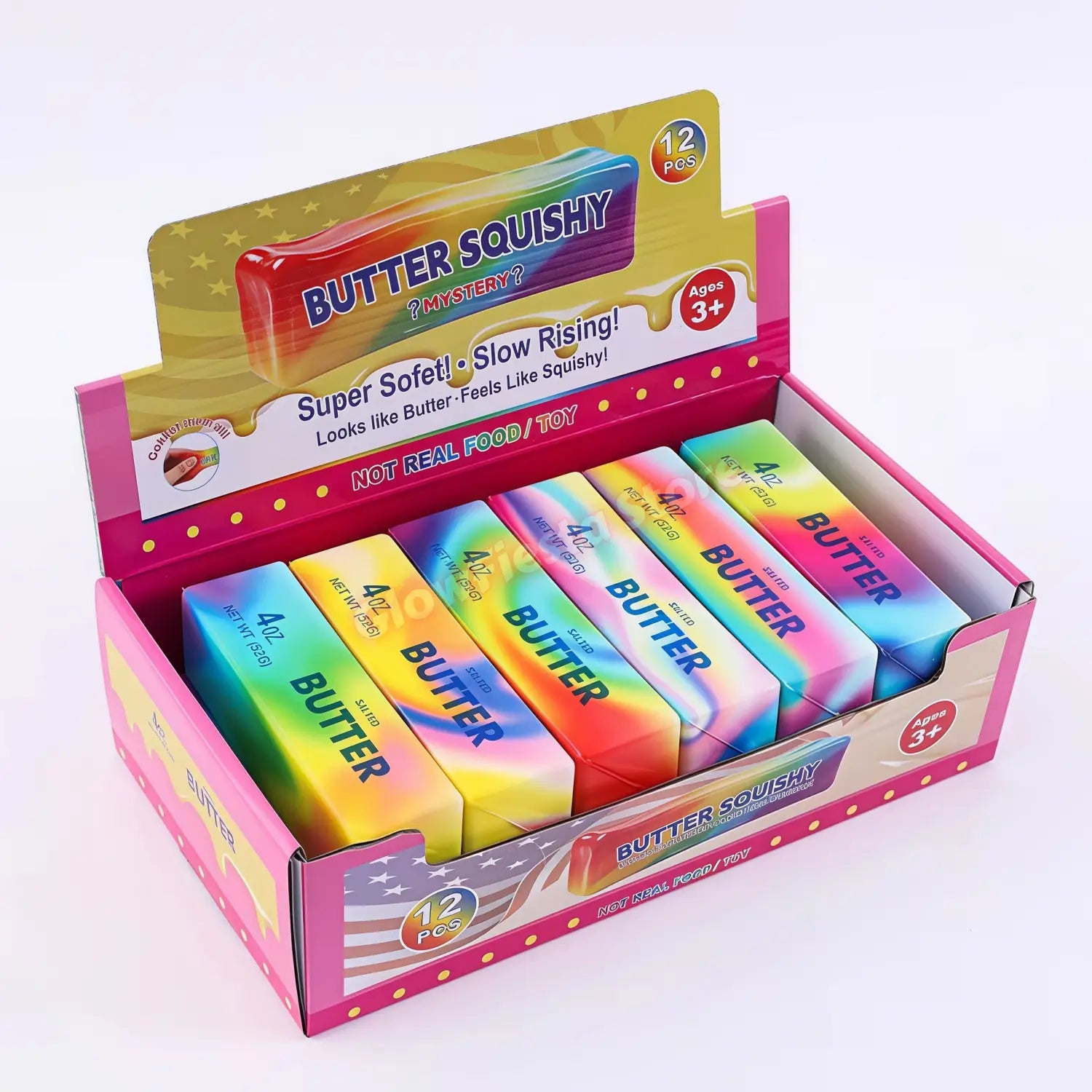 Jouets antistress souples en bâton de beurre à montée lente, aux couleurs de l’arc-en-ciel, dans un coffret rose conçu pour soulager le stress, en assortiment de 12 pièces.