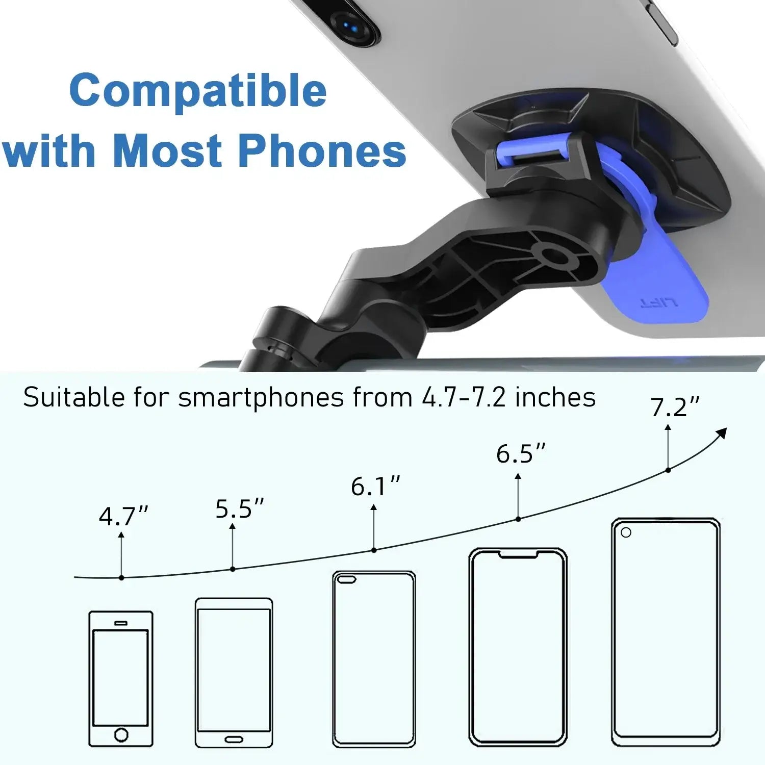 Black and blue magnetic universal bike phone mount with adjustable arm and 360 rotation for smartphones.