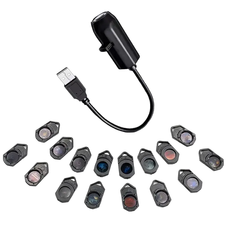 Black usb-powered led projection lamp with flexible gooseneck and 15 planet-themed interchangeable lens covers