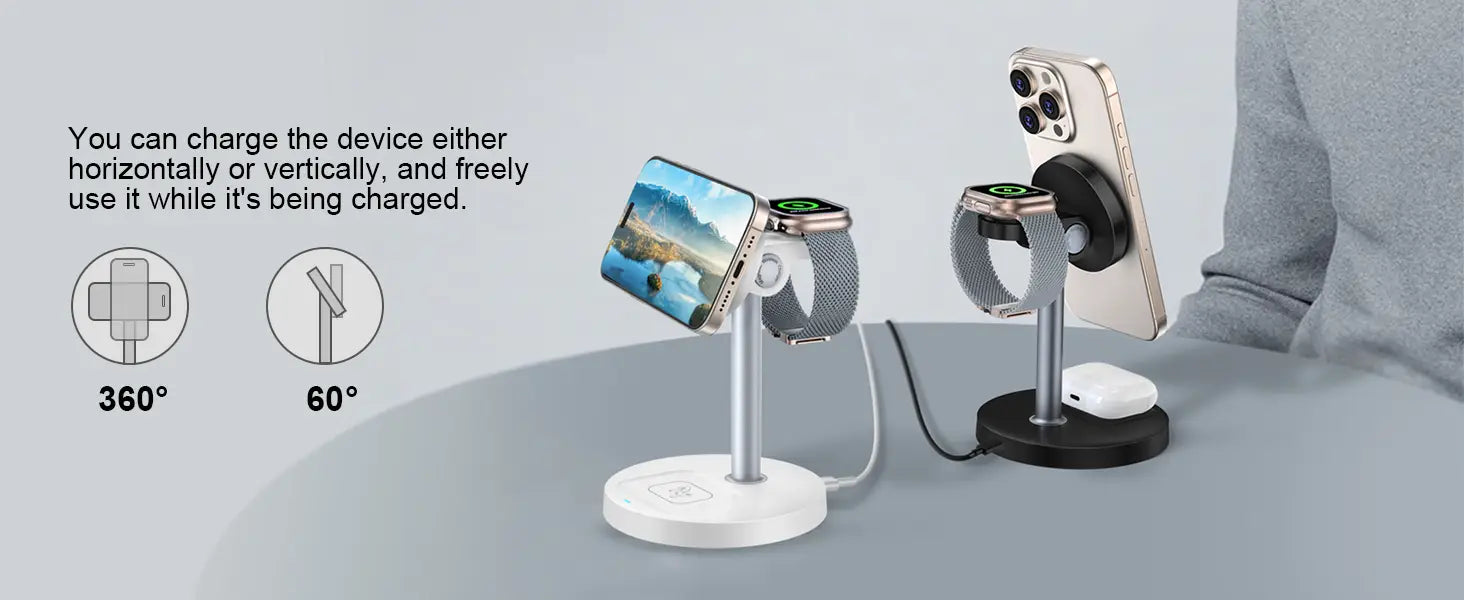 silver and black magnetic wireless charger stand with adjustable arms for smartphones smartwatches and earbuds designed for Apple devices