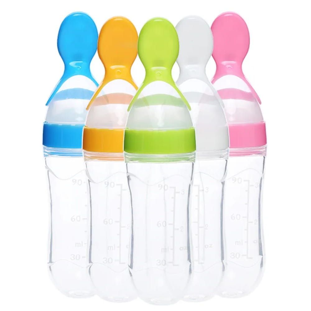 Set aus fünf farbenfrohen BPA-freien Silikon-Baby-Fütterlöffel-Fläschchen mit transparenten 90-ml-Gehäusen und lebhaften blauen, orangefarbenen, grünen, weißen und pinkfarbenen Verschlüssen.