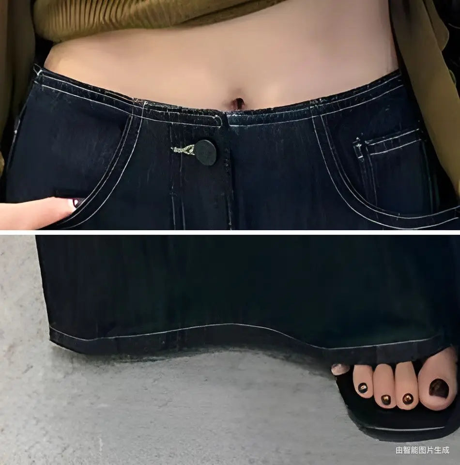 Pantalones vaqueros de tiro alto y pierna ancha para mujer en denim de lavado oscuro, con costuras blancas y detalle de botón negro.