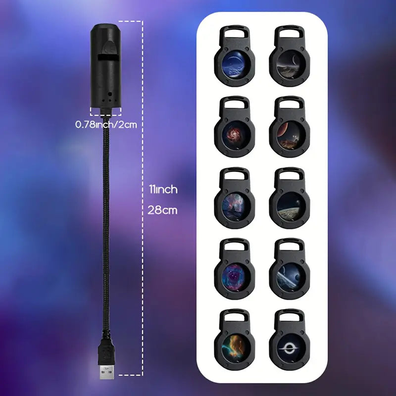 Black usb flash drive with a flexible cable and cylindrical head featuring an integrated whistle shown alongside an led galaxy projection lamp with 10 slides.