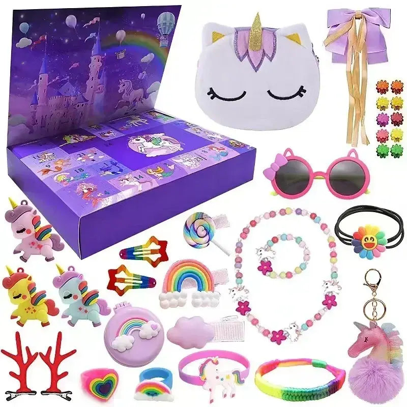 Purple unicorn-themed advent calendar box featuring colorful accessories including a white plush unicorn pouch, rainbow hair clips, and assorted charms delivered randomly as part of the Advent Calendar Girl Diy Jewelry Hairpin Set.