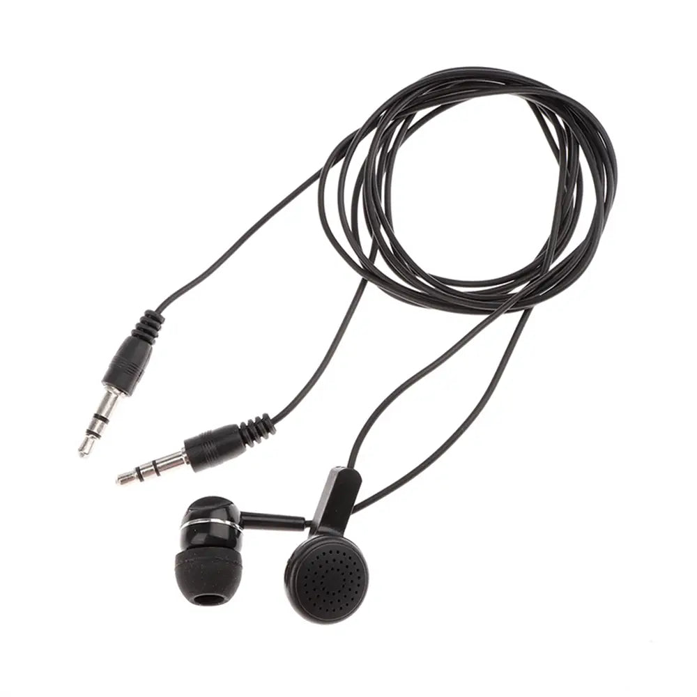 Écouteurs filaires noirs 5 mm avec boîtiers en plastique mat, embouts auriculaires en silicone souple, câble spiralé et double jacks audio 3,5 mm conçus pour les appareils mp3 mp4.