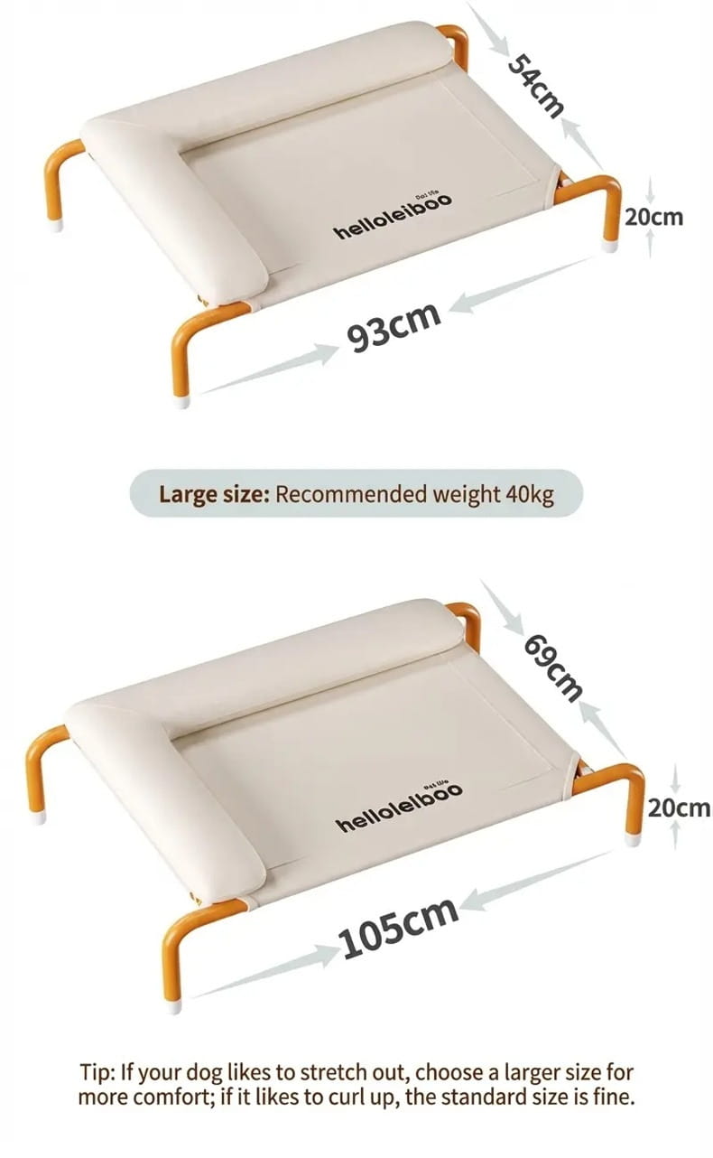 Beige cushioned dog bed with orange metal frame and helloleiboo branding featured in an elevated dog bed white mesh raised pet cot.