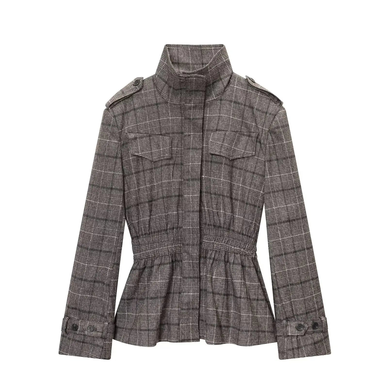 A stylish gray plaid wool peplum blazer with a high collar and buttoned cuffs from the wool plaid peplum blazer and trousers suit.