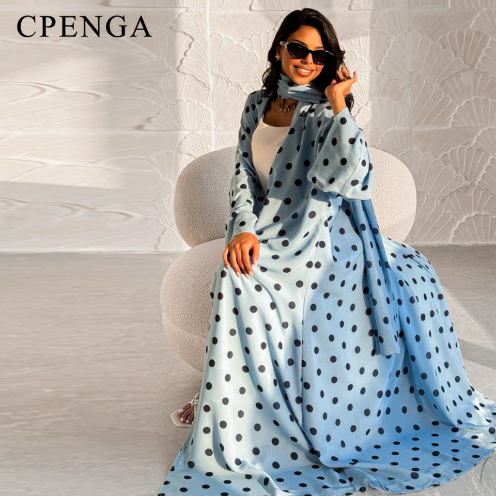 Two Piece  Polka Dot Muslim Outfit Set for Women Elegant Dubai Hijab Abaya Dress Islam Holiday Outwear Turkey Modest Kaftan Robe