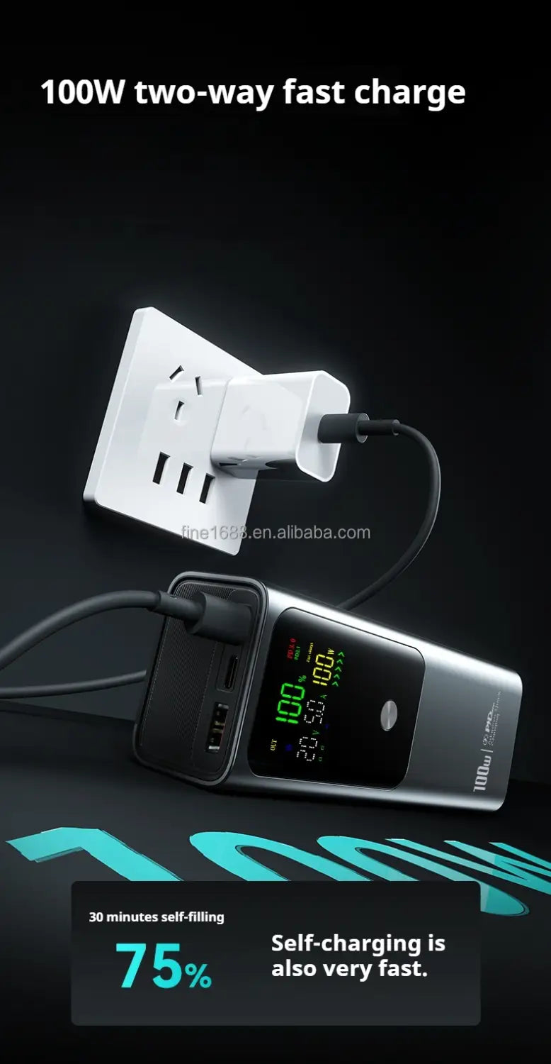Silver and black 100w two-way fast charge laptop power bank with 20000mAh capacity and digital display.