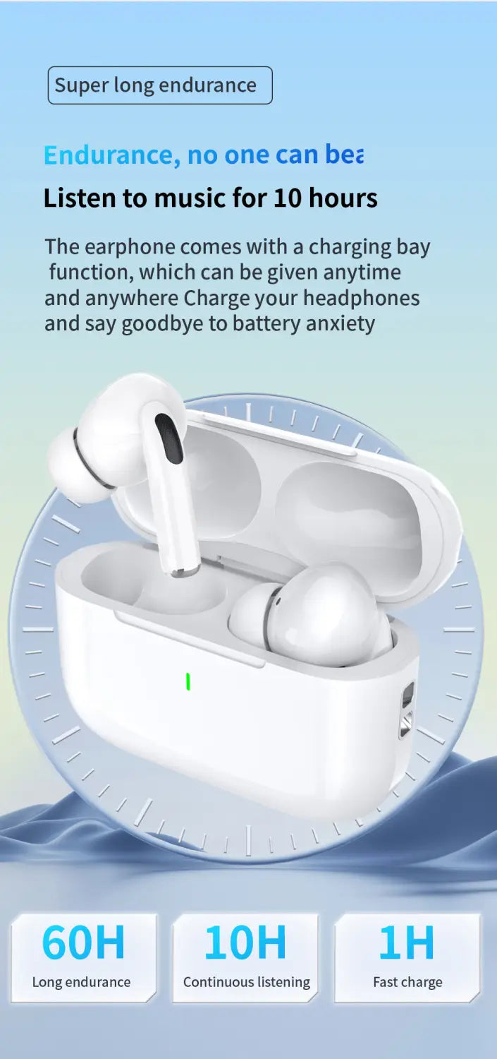 White true wireless bluetooth earphones with hifi noise reduction in a matching charging case featuring a sleek minimalist design and smooth plastic finish.