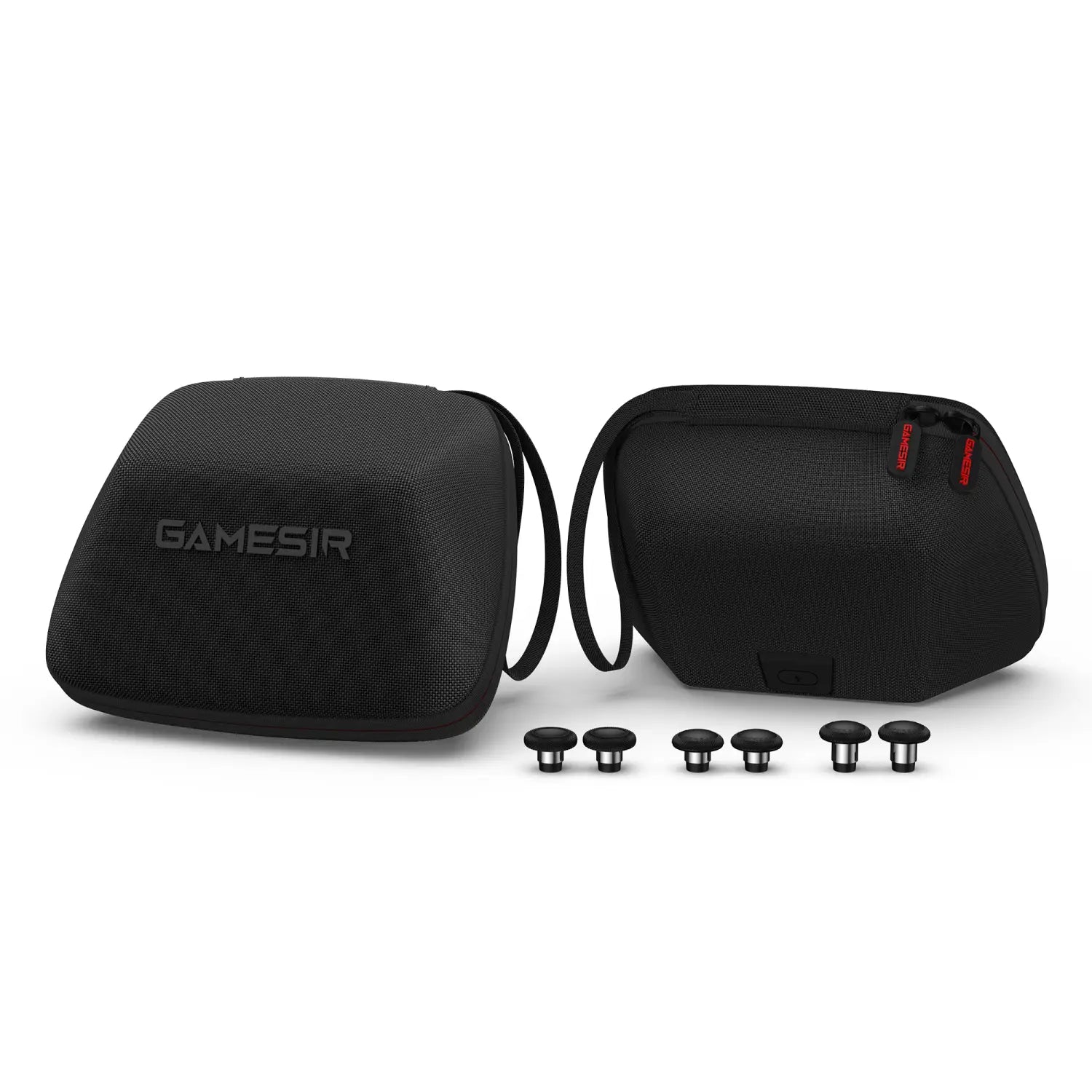 Black textured Gamesir branded carrying case with matching black and silver controller grip caps from the Gamesir G7 magnetic faceplate and accessories kit.