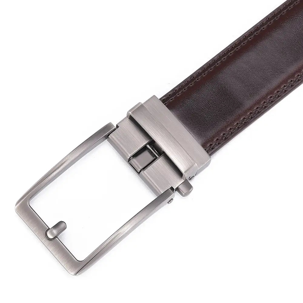 Brown leather mens belt with a sleek silver-toned automatic buckle.