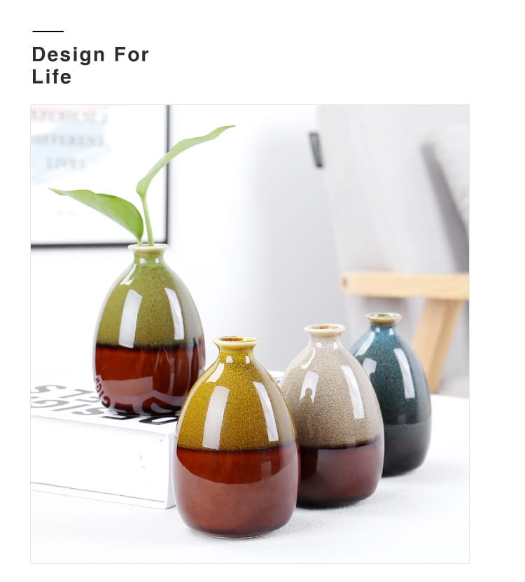 A set of four ceramic flower glaze vases with a glossy two-tone glaze in earthy brown and muted green hues for home decor.