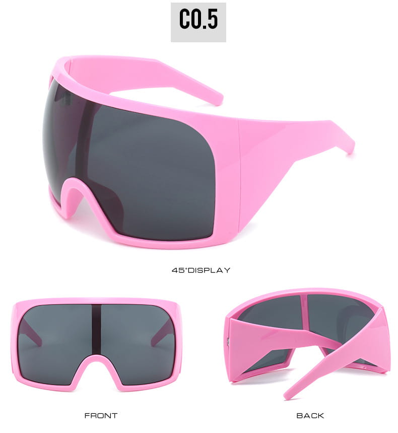 Futuristische Schild-Sonnenbrille für Herren UV400 in Schwarz mit pinkfarbenen Kunststoffrahmen und dunkelgrauen Gläsern, mit kräftigem futuristischem Design.