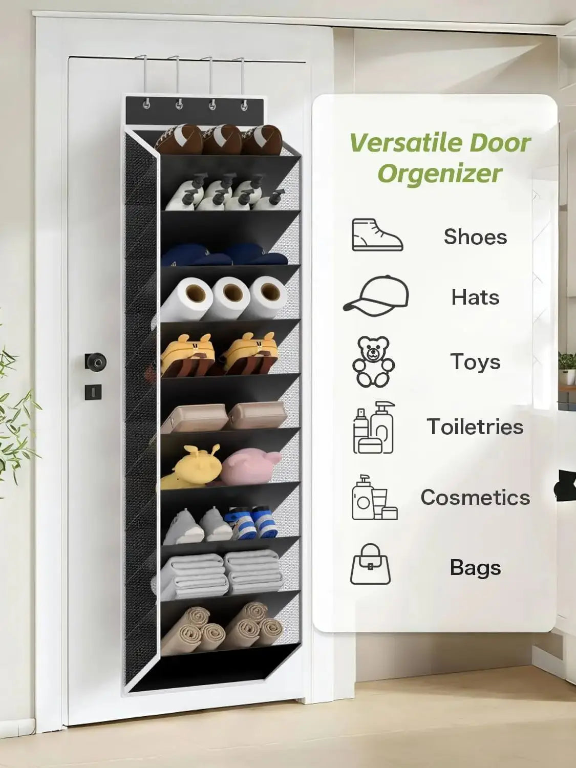 Organisateur de chaussures à mailles noires au-dessus de la porte, blanc, à 10 niveaux, avec plusieurs étagères contenant des chaussures, des chapeaux et des jouets, pour un rangement efficace des chaussures au-dessus de la porte