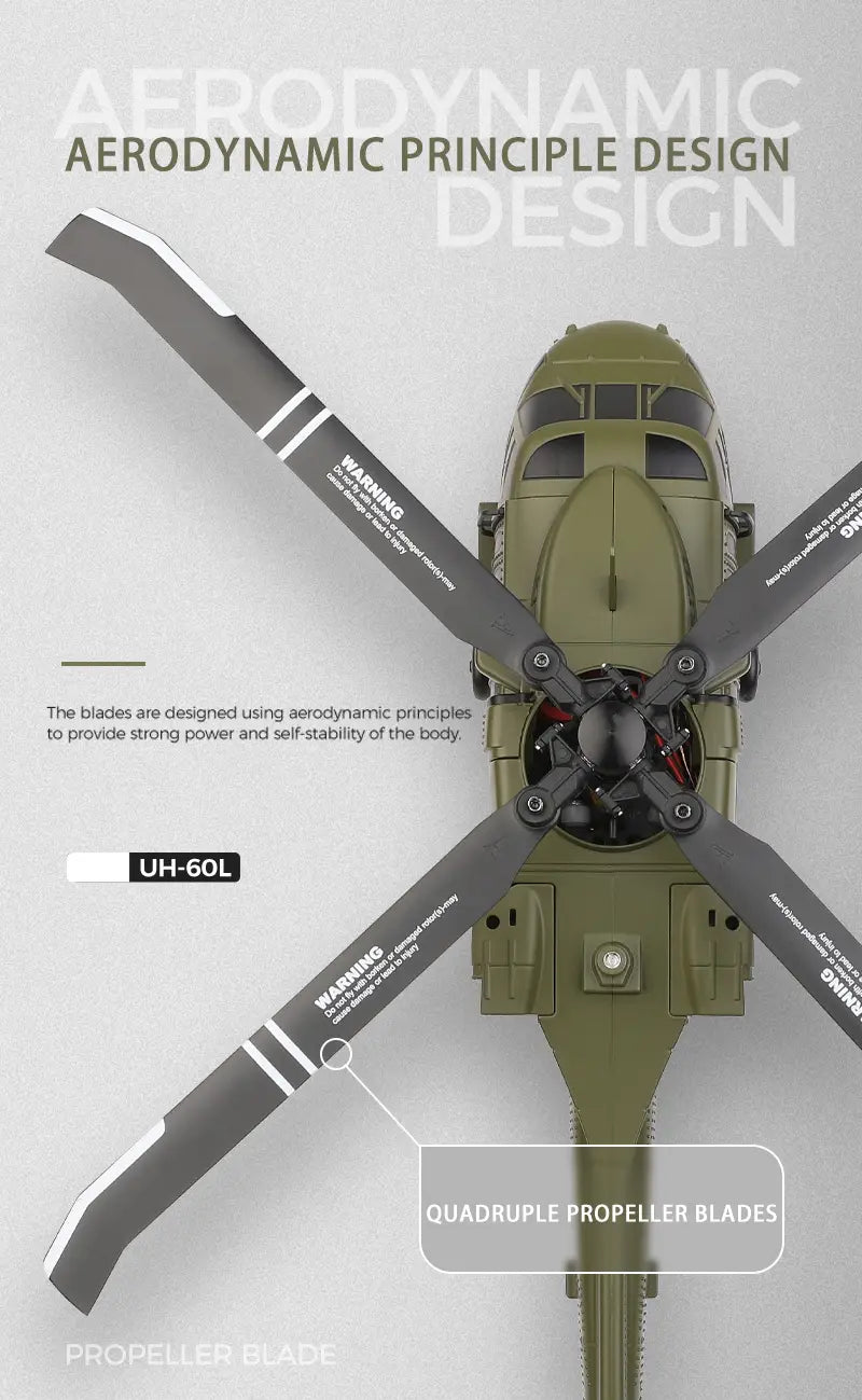 olive green wltoys k170 uh-60l remote control helicopter with four black propeller blades featuring white warning labels and stripes designed for extended flight time with 800mah 20c battery