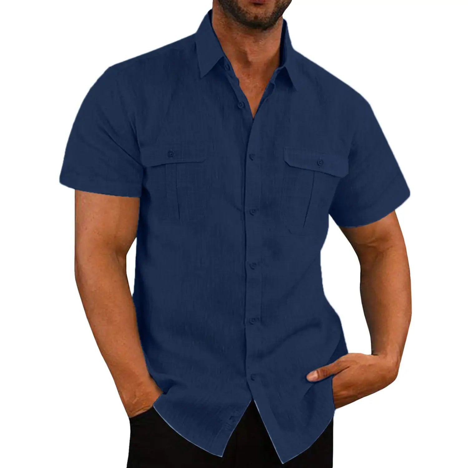 Navy blue men linen short sleeve shirt with double chest pockets designed for casual summer wear.