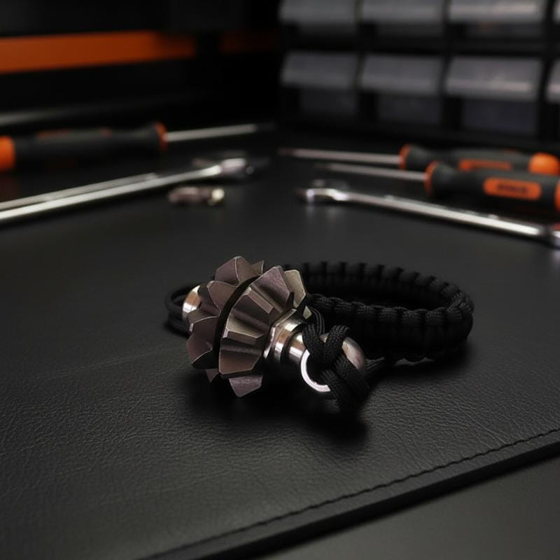 Black paracord bracelet featuring a metallic gear-shaped charm with a brushed silver finish designed as a gear fidget spinner keychain emergency survival tool.