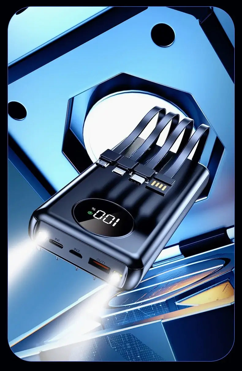 Black rectangular power bank 20000mah with multiple usb ports and a digital display showing 100 percent for 5v2a fast charging and 120w power delivery.