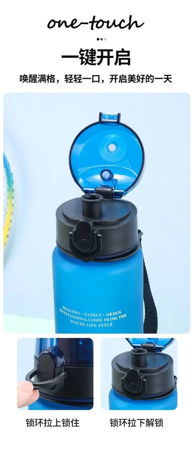 Digital Circus water bottle 650ml in blue with a one-touch black lid and strap featuring a sleek design for easy hydration on the go.