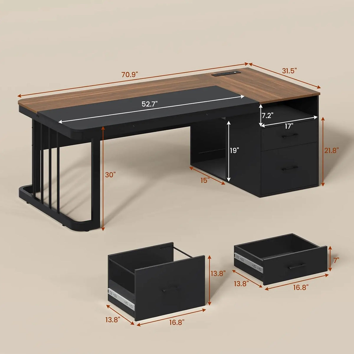 70.9" Executive Desk with Power Outlet & Drawers, File Cabinet Computer Desk with Adjustable Shelves, Workstation, Customized