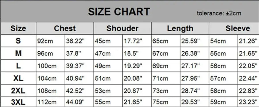 Size chart for men tactical camouflage long sleeve hiking shirt showing measurements in centimeters and inches for sizes s through 3xl.