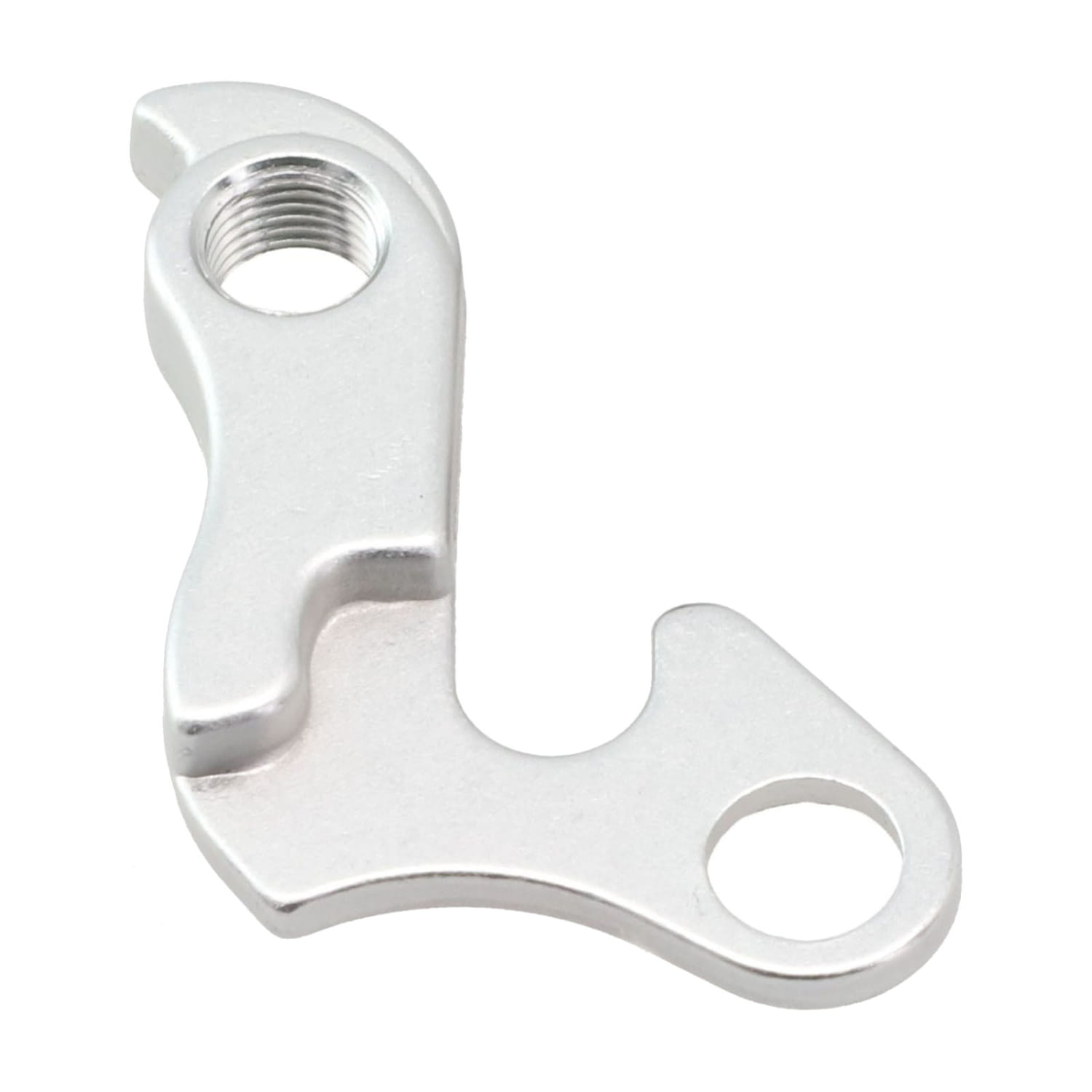 Placa/soporte de cambio trasero de aleación de aluminio para Merida y Carrera, acabado plateado metalizado, mostrada por la parte posterior con un orificio roscado y dos recortes circulares.