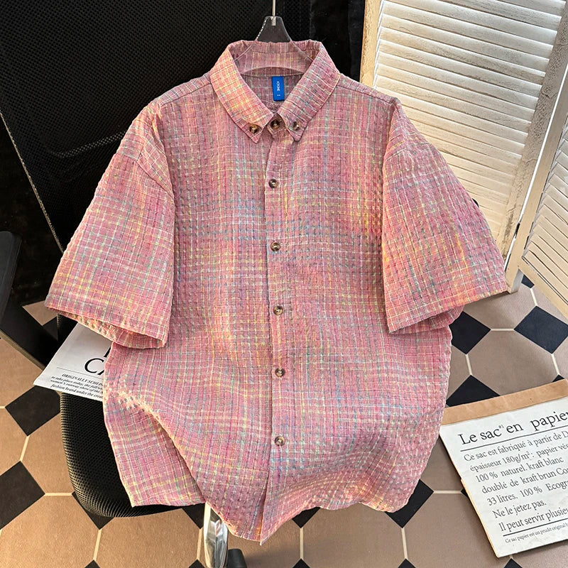 Short Sleeve Shirt Men Japanese Retro Summer New Casual Loose Solid Plaid Coats Popular Versatile Seersucker Ice Silk Tops
